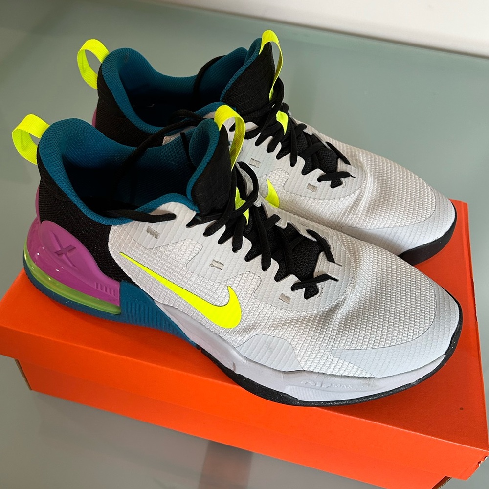 Nike Men’s White Sneakers with Neon Yellow, Teal & Purple Accents